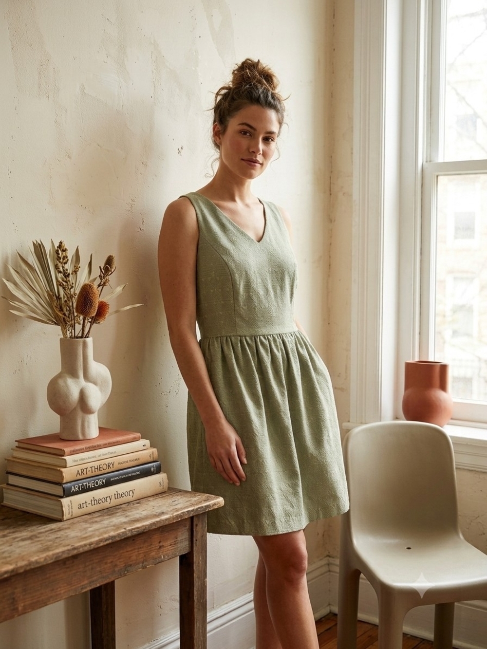 Kensie Sage Green V-Neck A-Line Dress - Bohemian Cottagecore